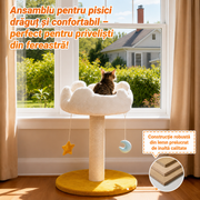 Ansamblu de joaca pentru pisici NextWave®, cu pat moale in forma de nor si husa detasabila lavabila, stalp de zgariat din sisal natural, baza rotunda lata si stabila, jucarii suspendate, pentru pisoi si pisici mici si medii, 40 x 40 x 56 cm