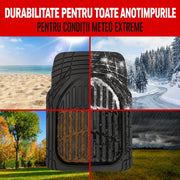 Set covorase auto NextWave®, din cauciuc flexibil impermeabil, margini inalte pentru retinerea apei, noroiului si zapezii, decupabile pentru ajustare, curatare usoara, compatibilitate universala pentru autoturisme, SUV si camionete, negru