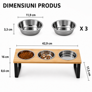 Set 3 boluri inaltate pentru pisici NextWave®️, suport inclinat la 15° anti-voma, 3 recipiente detasabile, din bambus, otel inoxidabil si silicon, pentru pisici si caini de talie mica, 3 x 350 ml, natur