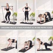 Placa Pilates Reformer 5 in 1 NextWave®️, aparat pliabil pentru antrenament complet si tonifierea corpului acasa, benzi elastice cu rezistenta reglabila, bara Pilates, manere pentru flotari, cronometru si suport telefon, polipropilena