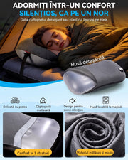 Perna gonflabila de camping NextWave®️, suport cervical ergonomic, supapa One-Click de umflare rapida, banda elastica anti-alunecare, husa detasabila si lavabila din bumbac, camera etansa TPU, pentru drumetii si calatorii, 44x31 cm, 159 g, Gri