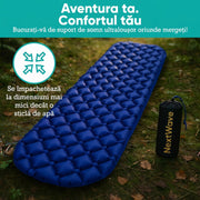 Saltea gonflabila de camping NextWave®️, ultrausoara si compacta, impermeabila, umflare rapida, suport confortabil, din nailon ripstop rezistent la rupere, pentru drumetii, trekking si cort, cu husa inclusa, 186.7 x 54.6 x 5.1 cm, Albastru