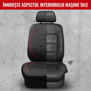 Set huse auto pentru scaune fata NextWave®, 4 piese, piele ecologica impermeabila cu burete moale de 5 mm, compatibile cu airbag si tetiere detasabile, protectie impotriva murdariei si zgarieturilor, potrivire universala, negru-rosu
