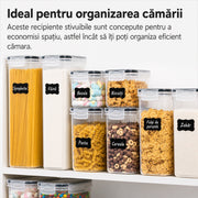 Set 8 cutii depozitare alimente NextWave® – plastic alimentar transparent fara BPA, inchidere ermetica cu garnitura de silicon, stivuibile si reutilizabile, ideale pentru cereale, faina, zahar, orez, paste si alte alimente uscate