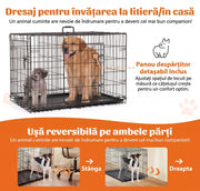 Cusca pliabila pentru caini NextWave®, 2 usi cu zavoare glisante sigure, panou despartitor inclus, tavita etansa detasabila, maner transport, colturi rotunjite, metal rezistent, pentru interior, exterior si calatorii, talie medie, 90x60x67 cm, Negru