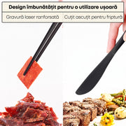 Set tacamuri de calatorie NextWave®, portabile si reutilizabile, fara zgomot la transport, cutit, furculita, lingura si betisoare antiderapante, din otel inoxidabil 18/8, pentru birou, camping si picnic, set 5 piese cu husa impermeabila, negru