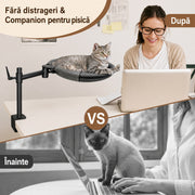 Pat suspendat pentru pisici NextWave®, hamac de birou cu prindere metalica fara gaurire, rotatie dubla la 360°, inaltime reglabila, perna de 37, 8 cm, suporta pana la 18 kg, pentru blat de maximum 5, 6 cm, gri