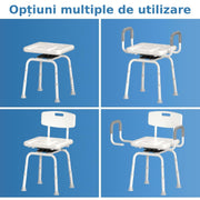 Scaun de dus NextWave®, rotativ la 360°, reglabil pe inaltime, cu spatar si cotiere, cadru rezistent din aluminiu, picioare antiderapante, montaj fara unelte, pentru varstnici si persoane cu mobilitate redusa, capacitate 159 kg, gri