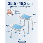 Scaun de dus NextWave® pentru baie si cada, reglabil pe inaltime, cadru rezistent din aluminiu, sezut confortabil, picioare antiderapante cu ventuze, suport pentru para de dus, destinat varstnicilor si persoanelor cu mobilitate redusa, albastru