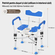 Scaun de dus NextWave®, reglabil pe inaltime, cu spatar, cotiere si sezut moale captusit cu EVA, scaun de baie pentru varstnici si persoane cu mobilitate redusa, cadru din aluminiu, picioare antiderapante, capacitate 227 kg, albastru