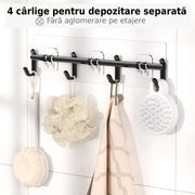 Raft de baie NextWave® la set, 5 piese cu 3 etajere pentru dus, 1 suport pentru sapun si 1 suport pentru periute de dinti, din otel inoxidabil rezistent la rugina, montare autoadeziva fara gaurire, pentru sampon si accesorii, negru