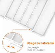 Organizator extensibil pentru tacamuri si ustensile de bucatarie NextWave® – suport sertar ajustabil 33–57 cm, cu 7–9 compartimente modulare, plastic rezistent BPA-free, design compact si practic pentru depozitare ordonata in bucatarie, Negru