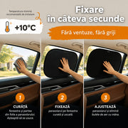 Parasolar auto NextWave® pentru geam lateral, set 2 bucati, protectie UV certificata UPF 50+, blocheaza 98,6% din razele UV, fixare statica fara ventuze, pentru bebelusi si copii, ideal pentru calatorii, reutilizabil, negru