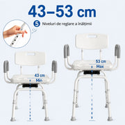 Scaun de dus NextWave®, rotativ la 360°, reglabil pe inaltime, cu spatar si cotiere, cadru rezistent din aluminiu, picioare antiderapante, montaj fara unelte, pentru varstnici si persoane cu mobilitate redusa, capacitate 159 kg, gri