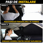 Parasolar auto NextWave® pentru parbriz, material reflectorizant 280T, protectie UV pana la 99%, design pliabil cu cadru flexibil din otel cu memorie, reduce acumularea caldurii si protejeaza interiorul, husa de depozitare inclusa, negru