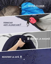 Sac de dormit NextWave®️, 3 sezoane, impermeabil si respirabil, gluga cu snur, fermoar la picioare pentru aerisire, mod patura, exterior poliester, captuseala pongee, pentru camping si drumetii, sac de compresie, 220x80 cm, 1.5 kg, Albastru marin