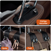Set 2 carlige auto duble pentru tetiera NextWave®, pentru genti, sacose, haine si accesorii, aliaj de aluminiu-magneziu cu finisaj din piele intoarsa cusuta, fixare stabila, instalare rapida fara demontarea tetierei, compatibilitate universala, negru
