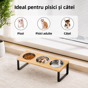 Set 3 boluri inaltate pentru pisici NextWave®️, suport inclinat la 15° anti-voma, 3 recipiente detasabile, din bambus, otel inoxidabil si silicon, pentru pisici si caini de talie mica, 3 x 350 ml, natur