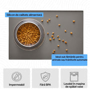Covoras pentru hranirea animalelor NextWave®️, protejeaza podelele, 100% impermeabil, margini ridicate de 0, 3 cm impotriva scurgerilor, suprafata antiderapanta, din silicon alimentar fara BPA, pentru boluri pisici si caini, 47 x 30 cm, gri