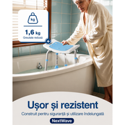 Scaun de dus NextWave® pentru baie si cada, reglabil pe inaltime, cadru rezistent din aluminiu, sezut confortabil, picioare antiderapante cu ventuze, suport pentru para de dus, destinat varstnicilor si persoanelor cu mobilitate redusa, albastru