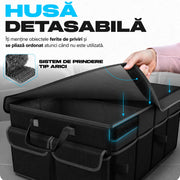 Organizator portbagaj auto NextWave®, pliabil, capacitate 45 L, 2 compartimente spatioase, material Oxford 600D, baza antiderapanta, curele de fixare, capac detasabil si manere ranforsate, pentru cumparaturi si accesorii, negru, 53 x 33 x 27 cm
