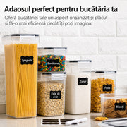 Set 8 cutii depozitare alimente NextWave® – plastic alimentar transparent fara BPA, inchidere ermetica cu garnitura de silicon, stivuibile si reutilizabile, ideale pentru cereale, faina, zahar, orez, paste si alte alimente uscate