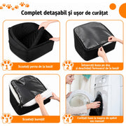 Scaun auto pentru caini NextWave®, detasabil si lavabil, pentru animale de pana la 13,6 kg, cu centura de siguranta, curele de fixare, umplutura din burete, suprafata moale si buzunare laterale, pentru bancheta fata sau spate, negru, 50 x 49 x 32 cm