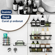 Raft de baie NextWave® la set, 5 piese cu 3 etajere pentru dus, 1 suport pentru sapun si 1 suport pentru periute de dinti, din otel inoxidabil rezistent la rugina, montare autoadeziva fara gaurire, pentru sampon si accesorii