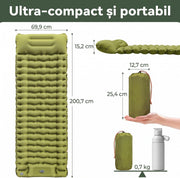 Saltea gonflabila camping NextWave®️, suport confortabil cu perna integrata, pompa de picior pentru umflare rapida in 50 secunde, capse laterale de unire, din nailon 40D impermeabil cu TPU, pentru cort si drumetii, 1 persoana, 0, 7 kg