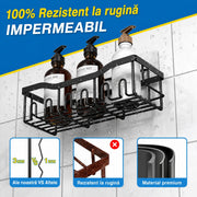 Raft de Baie NextWave® la set, 5 piese cu 2 rafturi pentru dus, 2 suporturi pentru sapun si 1 suport pentru periute, din otel inoxidabil SUS 304, montare autoadeziva fara gaurire, rezistente la rugina, negru