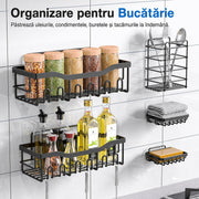 Raft de Baie NextWave® la set, 5 piese cu 2 rafturi pentru dus, 2 suporturi pentru sapun si 1 suport pentru periute, din otel inoxidabil SUS 304, montare autoadeziva fara gaurire, rezistente la rugina, negru