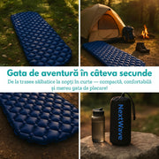 Saltea gonflabila de camping NextWave®️, ultrausoara si compacta, impermeabila, umflare rapida, suport confortabil, din nailon ripstop rezistent la rupere, pentru drumetii, trekking si cort, cu husa inclusa, 186.7 x 54.6 x 5.1 cm, Albastru