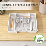 Organizator extensibil pentru tacamuri si ustensile de bucatarie NextWave® – suport sertar ajustabil 33–57 cm, cu 7–9 compartimente modulare, plastic rezistent BPA-free, design compact si practic pentru depozitare ordonata in bucatarie, Negru