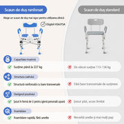 Scaun de dus NextWave®, reglabil pe inaltime, cu spatar, cotiere si sezut moale captusit cu EVA, scaun de baie pentru varstnici si persoane cu mobilitate redusa, cadru din aluminiu, picioare antiderapante, capacitate 227 kg, albastru