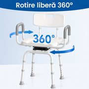 Scaun de dus NextWave®, rotativ la 360°, reglabil pe inaltime, cu spatar si cotiere, cadru rezistent din aluminiu, picioare antiderapante, montaj fara unelte, pentru varstnici si persoane cu mobilitate redusa, capacitate 159 kg, gri