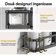Raft de baie NextWave® la set, 5 piese cu 3 etajere pentru dus, 1 suport pentru sapun si 1 suport pentru periute de dinti, din otel inoxidabil rezistent la rugina, montare autoadeziva fara gaurire, pentru sampon si accesorii, negru