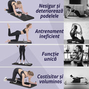 Placa Pilates Reformer 5 in 1 NextWave®️, aparat pliabil pentru antrenament complet si tonifierea corpului acasa, benzi elastice cu rezistenta reglabila, bara Pilates, manere pentru flotari, cronometru si suport telefon, polipropilena