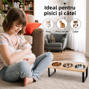 Set 3 boluri inaltate pentru pisici NextWave®️, suport inclinat la 15° anti-voma, 3 recipiente detasabile, din bambus, otel inoxidabil si silicon, pentru pisici si caini de talie mica, 3 x 350 ml, natur