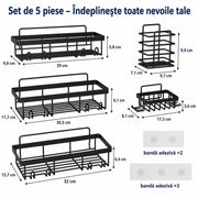 Raft de baie NextWave® la set, 5 piese cu 3 etajere pentru dus, 1 suport pentru sapun si 1 suport pentru periute de dinti, din otel inoxidabil rezistent la rugina, montare autoadeziva fara gaurire, pentru sampon si accesorii
