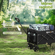 Carucior pliabil utilitar NextWave®️, capacitate mare de incarcare 99, 8 kg, roti pivotante la 360° pentru orice teren, maner telescopic reglabil, cadru din otel carbon si panza Oxford 300D, turistic pentru camping, plaja si gradina, 69x42x45, Negru