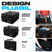 Organizator portbagaj auto NextWave®, pliabil, capacitate 45 L, 2 compartimente spatioase, material Oxford 600D, baza antiderapanta, curele de fixare, capac detasabil si manere ranforsate, pentru cumparaturi si accesorii, negru, 53 x 33 x 27 cm