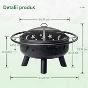 Vatra de foc pentru exterior NextWave®, semineu design decorativ cu stele si luna, capac din plasa anti-scantei, vatrai si gratar pentru lemne, din metal rezistent la caldura, pentru curte, terasa si gradina, 81, 3 x 81, 3 x 37, 1 cm, Negru
