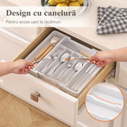 Organizator extensibil pentru tacamuri si ustensile de bucatarie NextWave® – suport sertar ajustabil 33–57 cm, cu 7–9 compartimente modulare, plastic rezistent BPA-free, design compact si practic pentru depozitare ordonata in bucatarie, Negru