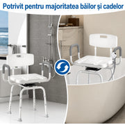Scaun de dus NextWave®, rotativ la 360°, reglabil pe inaltime, cu spatar si cotiere, cadru rezistent din aluminiu, picioare antiderapante, montaj fara unelte, pentru varstnici si persoane cu mobilitate redusa, capacitate 159 kg, gri
