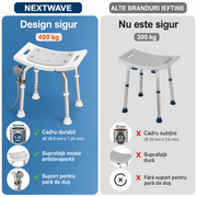 Scaun de dus NextWave® pentru baie si cada, reglabil pe inaltime, cadru rezistent din aluminiu, sezut confortabil, picioare antiderapante cu ventuze, suport pentru para de dus, destinat varstnicilor si persoanelor cu mobilitate redusa, gri