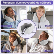 Perna de calatorie pentru gat NextWave®, suport ergonomic 360° pentru cap si barbie, catarama reglabila, include masca de ochi, dopuri urechi si geanta, din spuma cu memorie si catifea respirabila, pentru avion, tren si masina
