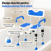 Scaun de dus NextWave®, reglabil pe inaltime, cu spatar, cotiere si sezut moale captusit cu EVA, scaun de baie pentru varstnici si persoane cu mobilitate redusa, cadru din aluminiu, picioare antiderapante, capacitate 227 kg, albastru
