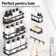 Raft de baie NextWave® la set, 5 piese cu 3 etajere pentru dus, 1 suport pentru sapun si 1 suport pentru periute de dinti, din otel inoxidabil rezistent la rugina, montare autoadeziva fara gaurire, pentru sampon si accesorii, negru