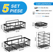 Raft de Baie NextWave® la set, 5 piese cu 2 rafturi pentru dus, 2 suporturi pentru sapun si 1 suport pentru periute, din otel inoxidabil SUS 304, montare autoadeziva fara gaurire, rezistente la rugina, negru