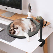 Pat suspendat pentru pisici NextWave®, hamac de birou cu prindere metalica fara gaurire, rotatie dubla la 360°, inaltime reglabila, perna de 37, 8 cm, suporta pana la 18 kg, pentru blat de maximum 5, 6 cm, gri